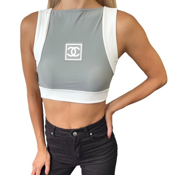 CHANEL Sport Vintage 01P CC Mark Cropped Tank Top #38 Gray White Nylon  [106355] - Picture 1 of 11